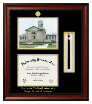 Carnegie Mellon University Tepper School of Business Double Opening with Campus Image & Tassel Box (Stacked) Frame in Avalon Mahogany with Black & Gold Mats for document: 8 1/2"h x 11"w  