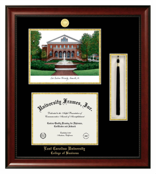 East Carolina University College of Business Double Opening with Campus Image & Tassel Box (Stacked) Frame in Avalon Mahogany with Black & Gold Mats for document: 8 1/2"h x 11"w  