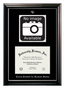Carrick Institute for Graduate Studies Double Opening with Campus Image (Stacked) Frame in Classic Ebony with Silver Trim with Black & Silver Mats for DOCUMENT: 8 1/2"H X 11"W  