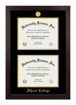 Ithaca College Double Degree (Stacked) Frame in Manhattan Espresso with Black & Gold Mats for document: 8 1/2"h x 11"w  , document: 8 1/2"h x 11"w  