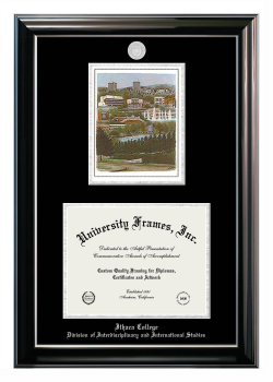 Double Opening with Campus Image (Stacked) Frame in Classic Ebony with Silver Trim with Black & Silver Mats for DOCUMENT: 8 1/2"H X 11"W  