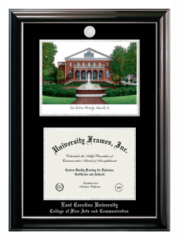 East Carolina University College of Fine Arts and Communication Double Opening with Campus Image (Stacked) Frame in Classic Ebony with Silver Trim with Black & Silver Mats for document: 8 1/2"h x 11"w  