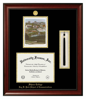 Ithaca College Roy H. Park School of Communications Double Opening with Campus Image & Tassel Box (Stacked) Frame in Avalon Mahogany with Black & Gold Mats for DOCUMENT: 8 1/2"H X 11"W  