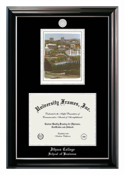 Ithaca College School of Business Double Opening with Campus Image (Stacked) Frame in Classic Ebony with Silver Trim with Black & Silver Mats for DOCUMENT: 8 1/2"H X 11"W  