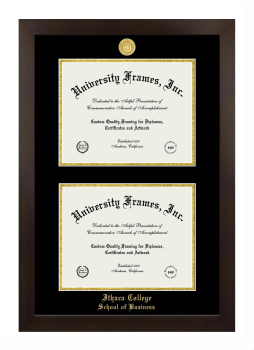 Ithaca College School of Business Double Degree (Stacked) Frame in Manhattan Espresso with Black & Gold Mats for document: 8 1/2"h x 11"w  , document: 8 1/2"h x 11"w  