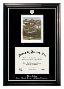 Ithaca College School of Health Sciences and Human Performance Double Opening with Campus Image (Stacked) Frame in Classic Ebony with Silver Trim with Black & Silver Mats for document: 8 1/2"h x 11"w  