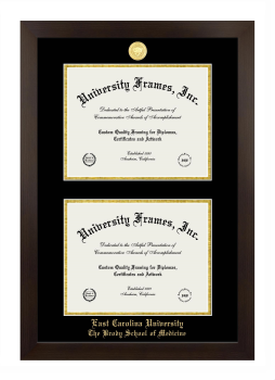 East Carolina University The Brody School of Medicine Double Degree (Stacked) Frame in Manhattan Espresso with Black & Gold Mats for document: 8 1/2"h x 11"w  , document: 8 1/2"h x 11"w  