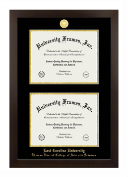 East Carolina University Thomas Harriot College of Arts and Sciences Double Degree (Stacked) Frame in Manhattan Espresso with Black & Gold Mats for document: 8 1/2"h x 11"w  , document: 8 1/2"h x 11"w  