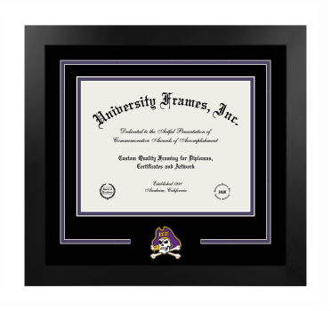 East Carolina University University Studies Logo Mat Frame in Manhattan Black with Black & Purple Mats for document: 8 1/2"h x 11"w  