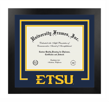 East Tennessee State University Logo Mat Frame in Manhattan Black with Navy Blue & Amber Mats for DOCUMENT: 8 1/2"H X 11"W  