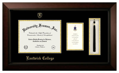 Eastwick College Diploma with Announcement & Tassel Box Frame in Legacy Black Cherry with Black & Gold Mats for document: 8 1/2"h x 11"w  , diploma: 7"h x 4"w  