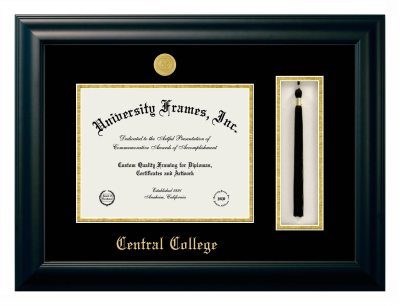 Central College Diploma with Tassel Box Frame in Satin Black with Black & Gold Mats for document: 8 1/2"h x 11"w  