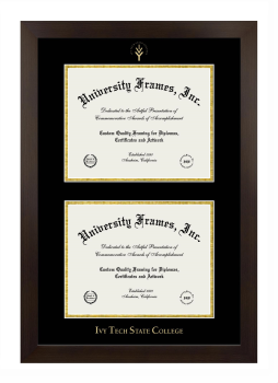 Ivy Tech State College Double Degree (Stacked) Frame in Manhattan Espresso with Black & Gold Mats for document: 8 1/2"h x 11"w  , document: 8 1/2"h x 11"w  