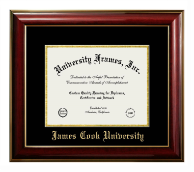 James Cook University Diploma Frame in Classic Mahogany with Gold Trim with Black & Gold Mats for DOCUMENT: 8 1/2"H X 11"W  