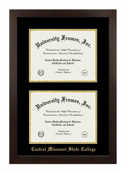 Central Missouri State College Double Degree (Stacked) Frame in Manhattan Espresso with Black & Gold Mats for document: 8 1/2"h x 11"w  , document: 8 1/2"h x 11"w  