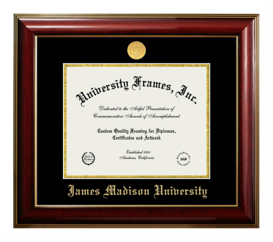 James Madison University Diploma Frame in Classic Mahogany with Gold Trim with Black & Gold Mats for DOCUMENT: 8 1/2"H X 11"W  