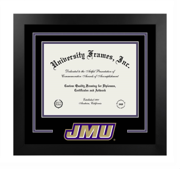 James Madison University Logo Mat Frame in Manhattan Black with Black & Purple Mats for document: 8 1/2"h x 11"w  