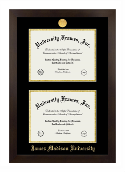 James Madison University Double Degree (Stacked) Frame in Manhattan Espresso with Black & Gold Mats for document: 8 1/2"h x 11"w  , document: 8 1/2"h x 11"w  