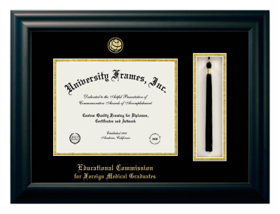 Educational Commission for Foreign Medical Graduates Diploma with Tassel Box Frame in Satin Black with Black & Gold Mats for DOCUMENT: 8 1/2"H X 11"W  