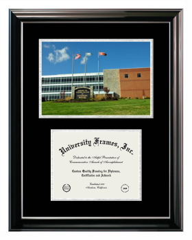 Edward Via Virginia College of Osteopathic Medicine Double Opening with Campus Image (Stacked) Frame in Classic Ebony with Silver Trim with Black & Silver Mats for document: 8 1/2"h x 11"w  