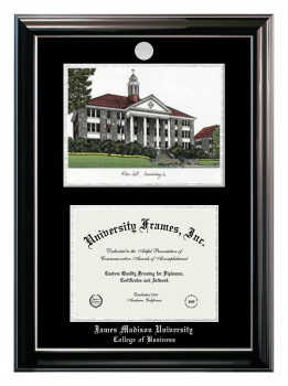 James Madison University College of Business Double Opening with Campus Image (Stacked) Frame in Classic Ebony with Silver Trim with Black & Silver Mats for document: 8 1/2"h x 11"w  