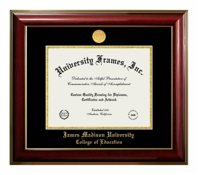 James Madison University College of Education Diploma Frame in Classic Mahogany with Gold Trim with Black & Gold Mats for DOCUMENT: 8 1/2"H X 11"W  