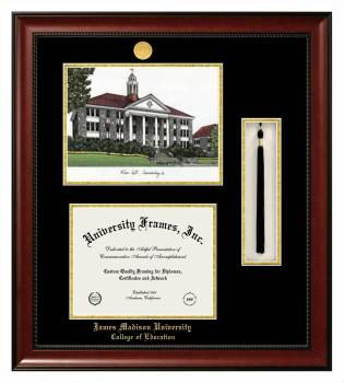 James Madison University College of Education Double Opening with Campus Image & Tassel Box (Stacked) Frame in Avalon Mahogany with Black & Gold Mats for document: 8 1/2"h x 11"w  