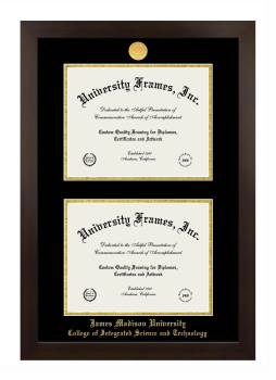 James Madison University College of Integrated Science and Technology Double Degree (Stacked) Frame in Manhattan Espresso with Black & Gold Mats for document: 8 1/2"h x 11"w  , document: 8 1/2"h x 11"w  