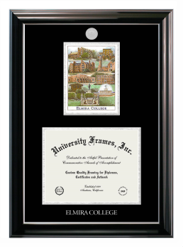 Elmira College Double Opening with Campus Image (Stacked) Frame in Classic Ebony with Silver Trim with Black & Silver Mats for DOCUMENT: 8 1/2"H X 11"W  