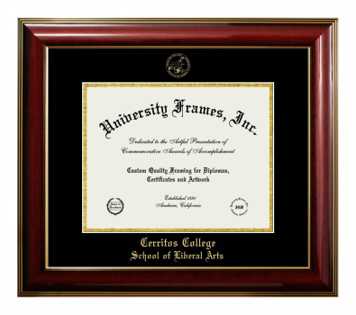 Cerritos College School of Liberal Arts Diploma Frame in Classic Mahogany with Gold Trim with Black & Gold Mats for DOCUMENT: 8 1/2"H X 11"W  