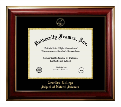 Cerritos College School of Natural Sciences Diploma Frame in Classic Mahogany with Gold Trim with Black & Gold Mats for document: 8 1/2"h x 11"w  