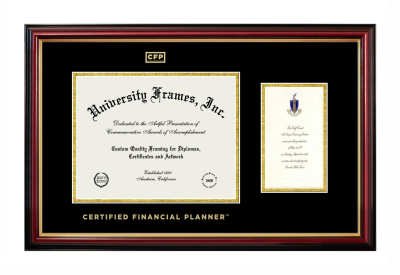 Certified Financial Planner Diploma with Announcement Frame in Petite Mahogany with Gold Trim with Black & Gold Mats for DOCUMENT: 8 1/2"H X 11"W  ,  7"H X 4"W  