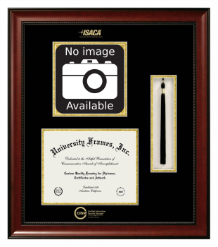 Certified Information Security Manager (ISACA) Double Opening with Campus Image & Tassel Box (Stacked) Frame in Avalon Mahogany with Black & Gold Mats for document: 8 1/2"h x 11"w  
