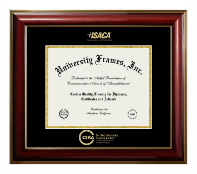 Certified Information Systems Auditor (ISACA) Diploma Frame in Classic Mahogany with Gold Trim with Black & Gold Mats for DOCUMENT: 8 1/2"H X 11"W  