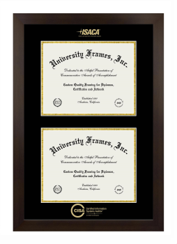 Certified Information Systems Auditor (ISACA) Double Degree (Stacked) Frame in Manhattan Espresso with Black & Gold Mats for document: 8 1/2"h x 11"w  , document: 8 1/2"h x 11"w  