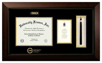 Diploma with Announcement & Tassel Box Frame in Legacy Black Cherry with Black & Gold Mats for DOCUMENT: 8 1/2"H X 11"W  ,  7"H X 4"W  