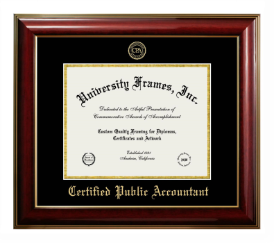 Certified Public Accountant Diploma Frame in Classic Mahogany with Gold Trim with Black & Gold Mats for DOCUMENT: 8 1/2"H X 11"W  