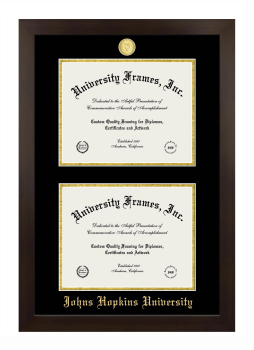Johns Hopkins University Double Degree (Stacked) Frame in Manhattan Espresso with Black & Gold Mats for DOCUMENT: 8 1/2"H X 11"W  , DOCUMENT: 8 1/2"H X 11"W  