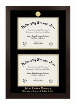 Johns Hopkins University Bloomberg School of Public Health Double Degree (Stacked) Frame in Manhattan Espresso with Black & Gold Mats for document: 8 1/2"h x 11"w  , document: 8 1/2"h x 11"w  