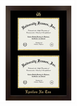Epsilon Nu Tau Double Degree (Stacked) Frame in Manhattan Espresso with Black & Gold Mats for document: 8 1/2"h x 11"w  , document: 8 1/2"h x 11"w  