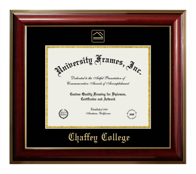 Chaffey College Diploma Frame in Classic Mahogany with Gold Trim with Black & Gold Mats for DOCUMENT: 8 1/2"H X 11"W  