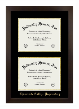 Chaminade College Preparatory Double Degree (Stacked) Frame in Manhattan Espresso with Black & Gold Mats for document: 8 1/2"h x 11"w  , document: 8 1/2"h x 11"w  