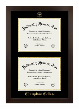 Champlain College Double Degree (Stacked) Frame in Manhattan Espresso with Black & Gold Mats for document: 8 1/2"h x 11"w  , document: 8 1/2"h x 11"w  