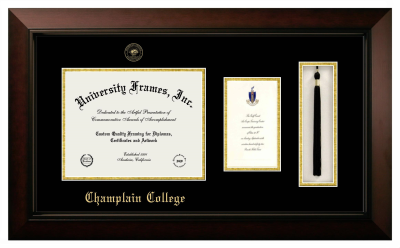 Champlain College Diploma with Announcement & Tassel Box Frame in Legacy Black Cherry with Black & Gold Mats for document: 8 1/2"h x 11"w  , diploma: 7"h x 4"w  