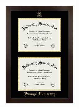 Evangel University Double Degree (Stacked) Frame in Manhattan Espresso with Black & Gold Mats for document: 8 1/2"h x 11"w  , document: 8 1/2"h x 11"w  