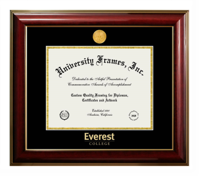 Everest College Diploma Frame in Classic Mahogany with Gold Trim with Black & Gold Mats for document: 8 1/2"h x 11"w  