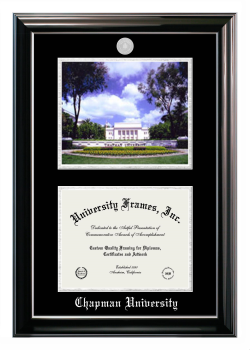 Chapman University Double Opening with Campus Image (Stacked) Frame in Classic Ebony with Silver Trim with Black & Silver Mats for document: 8 1/2"h x 11"w  