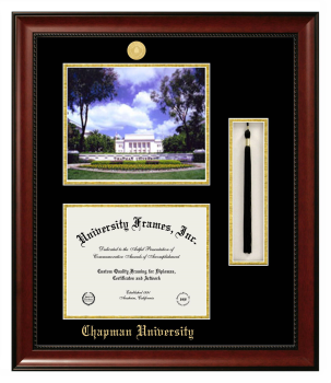 Chapman University Double Opening with Campus Image & Tassel Box (Stacked) Frame in Avalon Mahogany with Black & Gold Mats for document: 8 1/2"h x 11"w  