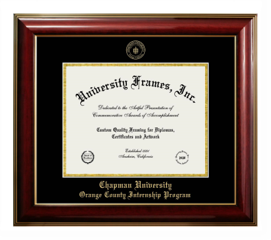 Chapman University Orange County Internship Program Diploma Frame in Classic Mahogany with Gold Trim with Black & Gold Mats for DOCUMENT: 8 1/2"H X 11"W  