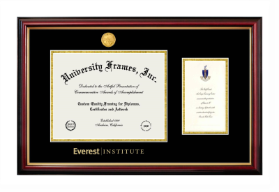 Everest Institute Diploma with Announcement Frame in Petite Mahogany with Gold Trim with Black & Gold Mats for document: 8 1/2"h x 11"w  , diploma: 7"h x 4"w  